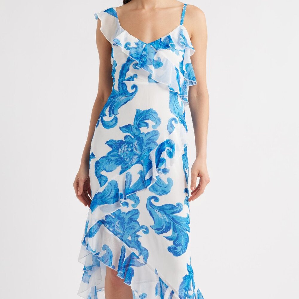 Sam Edelman White and Blue Asymmetrical Ruffle Midi Dress